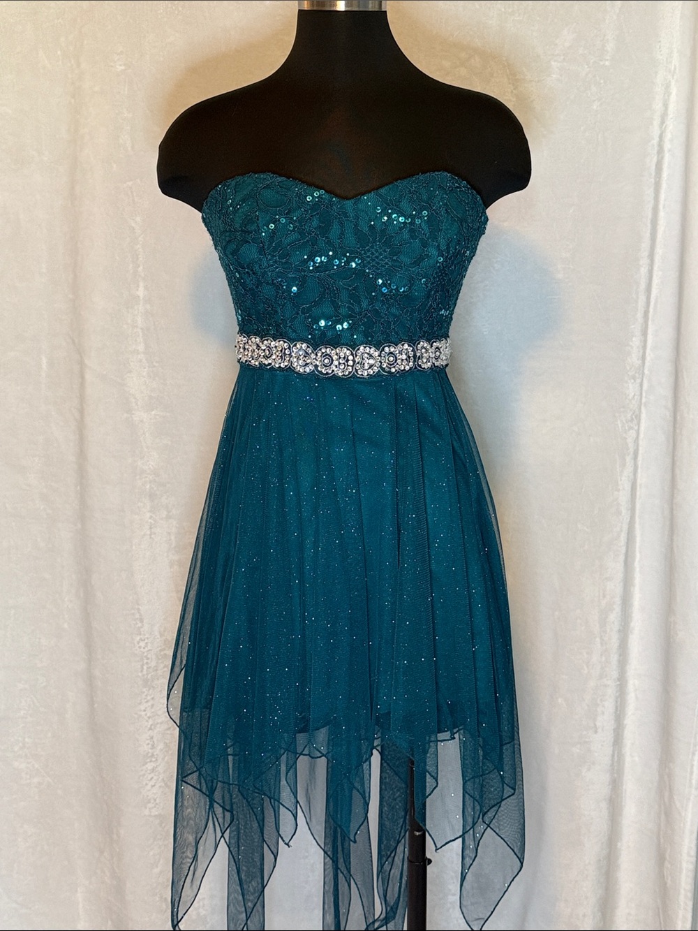 Strapless Teal A-Line Dress with Embellished Waist